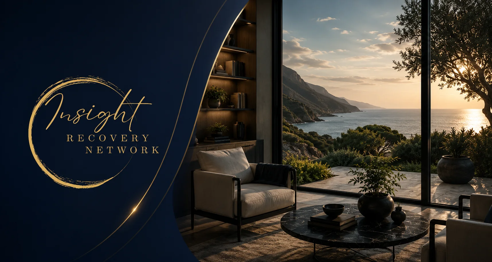 Insight Recovery Network brand mark beside a calm private room overlooking a sunlit coastline