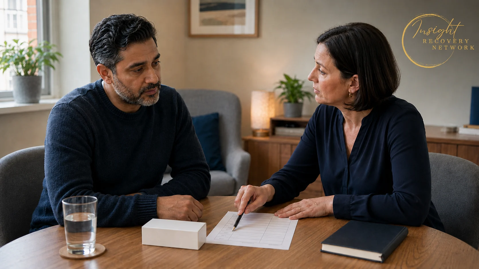 Adult discussing benzodiazepine dependence with a healthcare professional.