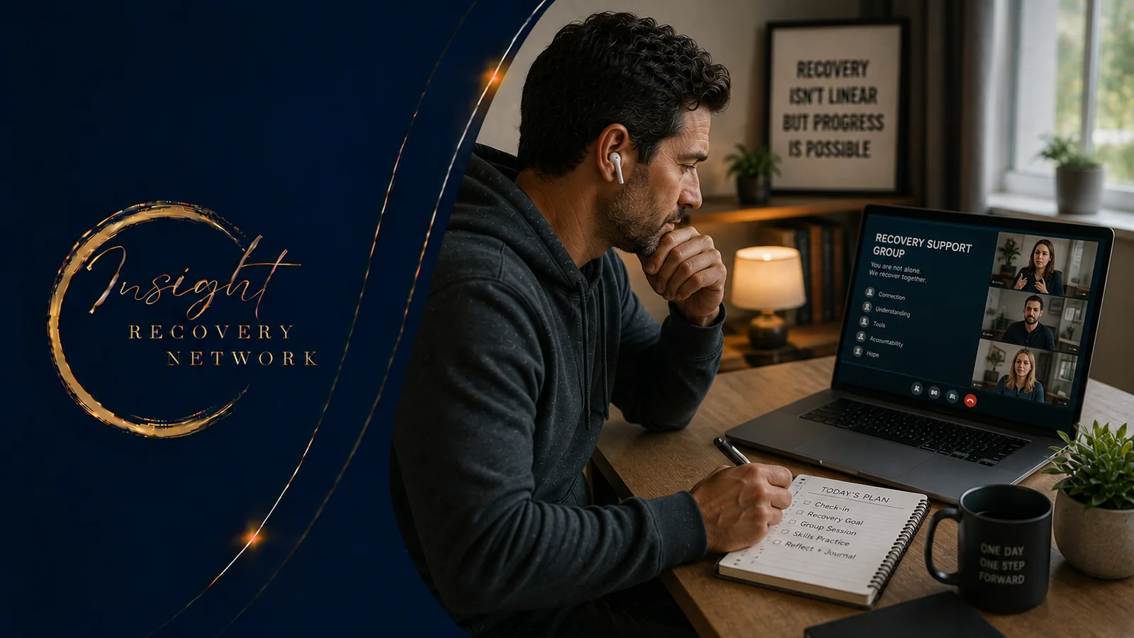 An adult taking part in structured online recovery support at home.