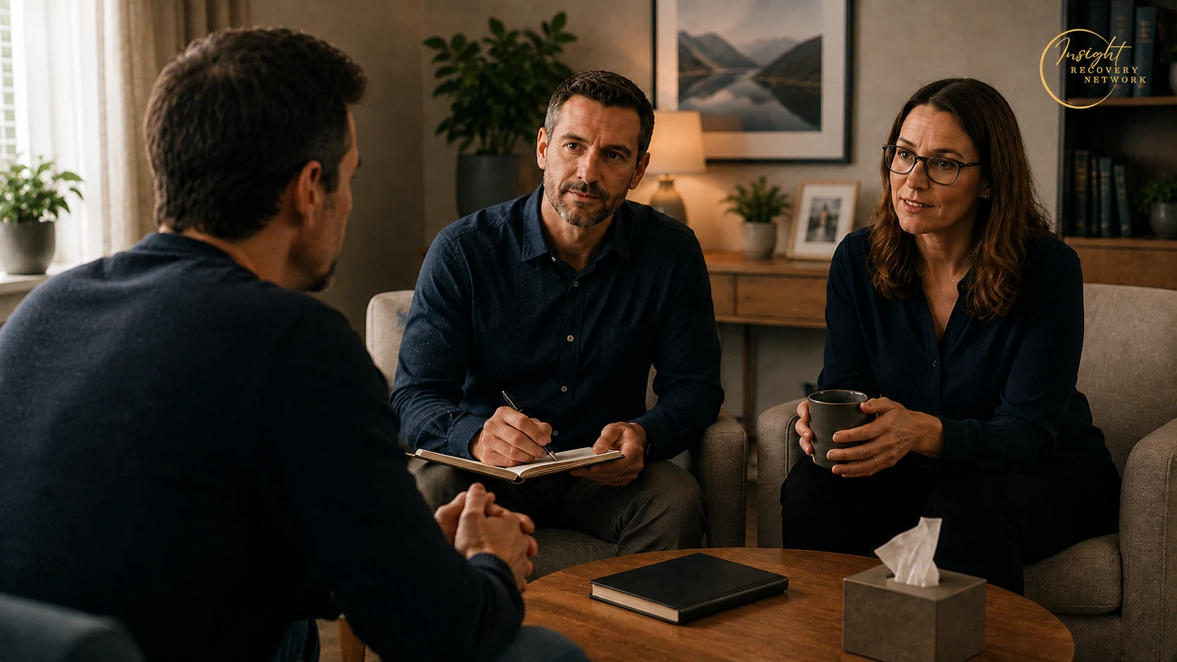 Adult discussing mental health and addiction with two coordinated support practitioners.