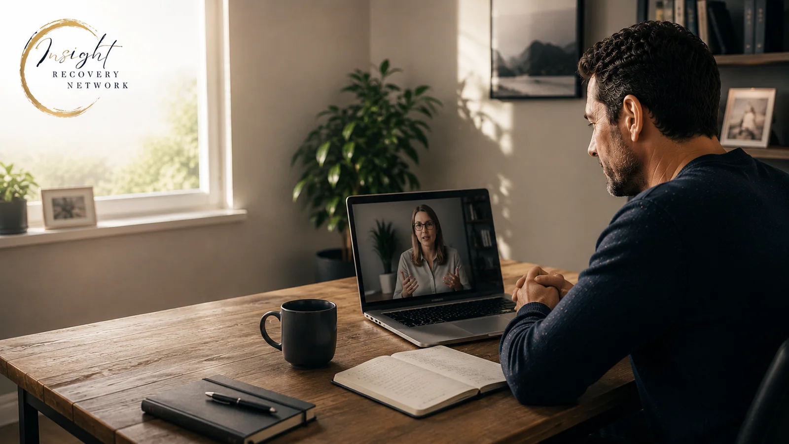 Adult taking part in a confidential online addiction recovery session at home.