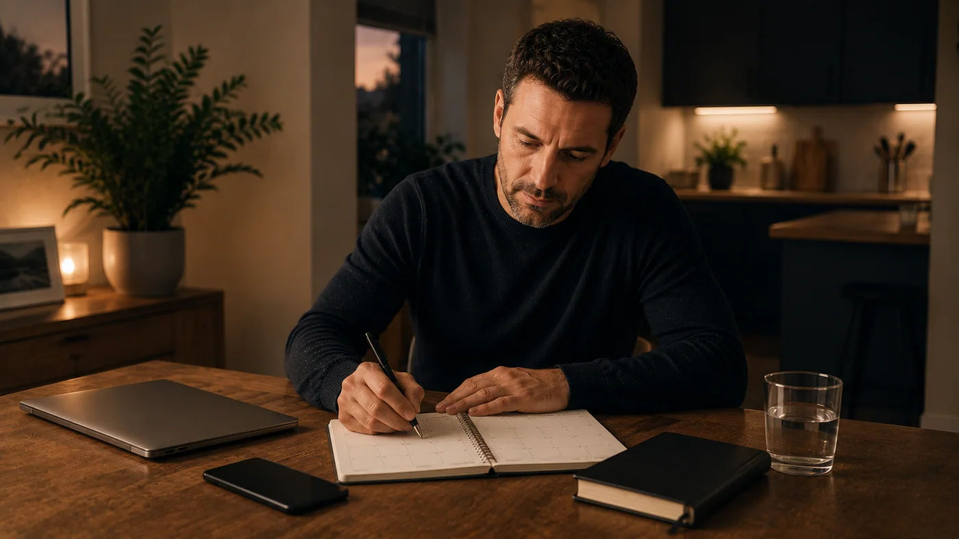 Person building a weekly recovery and relapse-prevention plan at home.