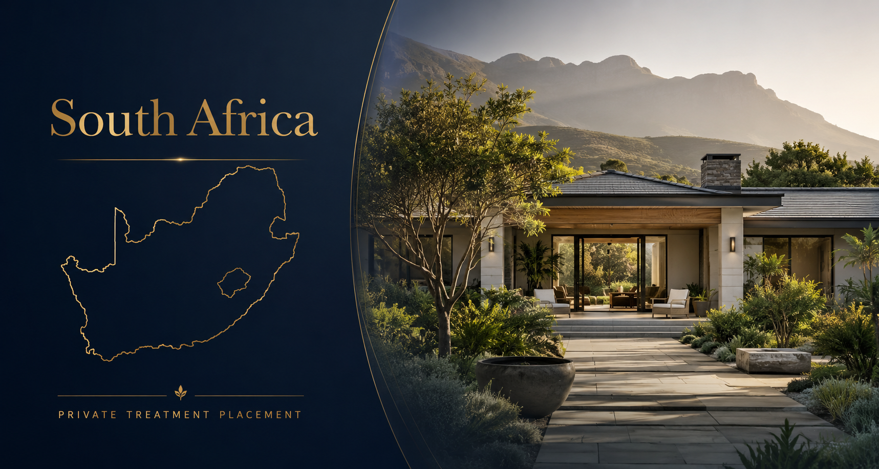 Private treatment placement hero image for South Africa with a residential rehab setting beneath mountains