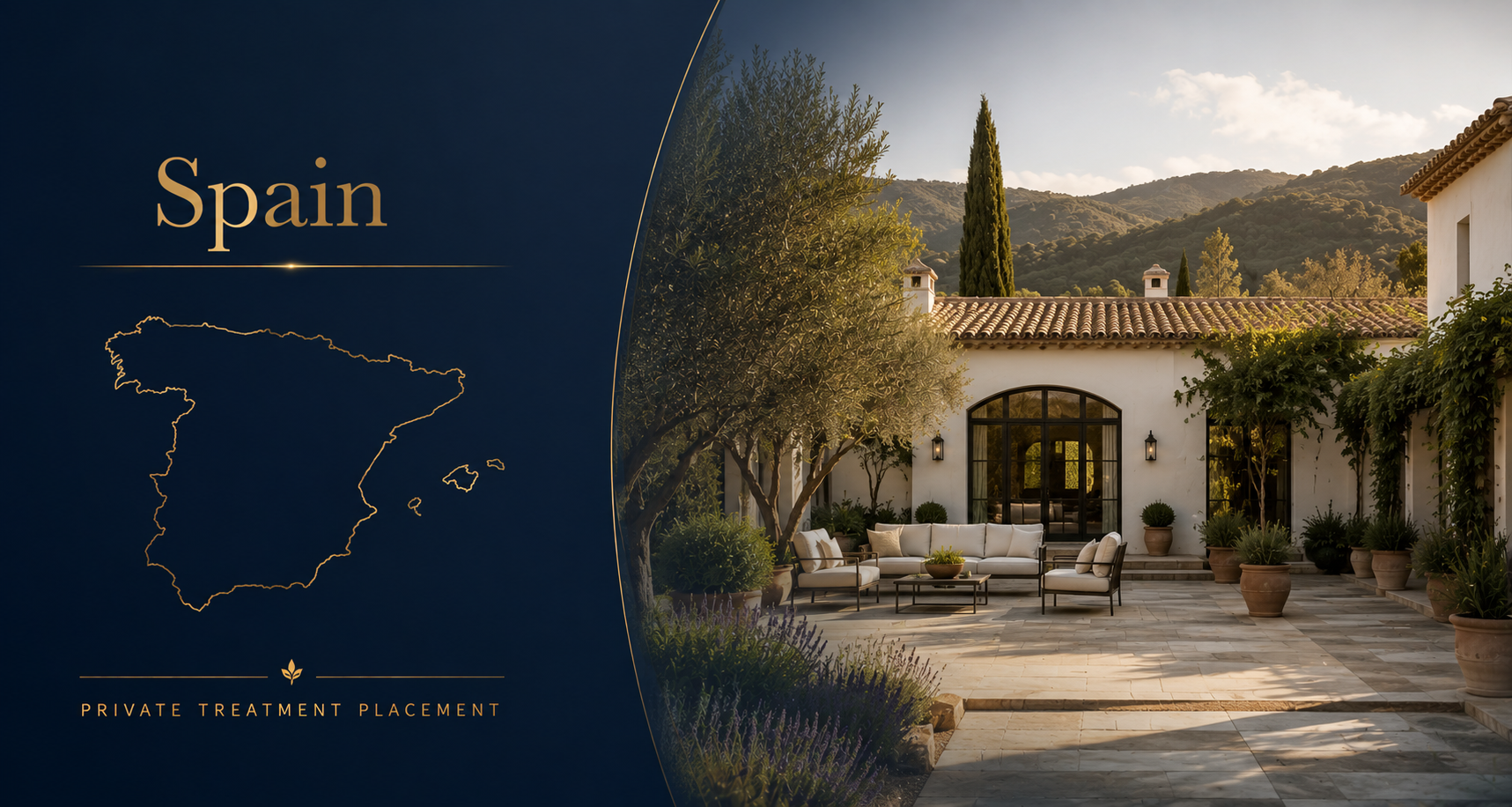 Private treatment placement hero image for Spain with a Mediterranean residential rehab setting