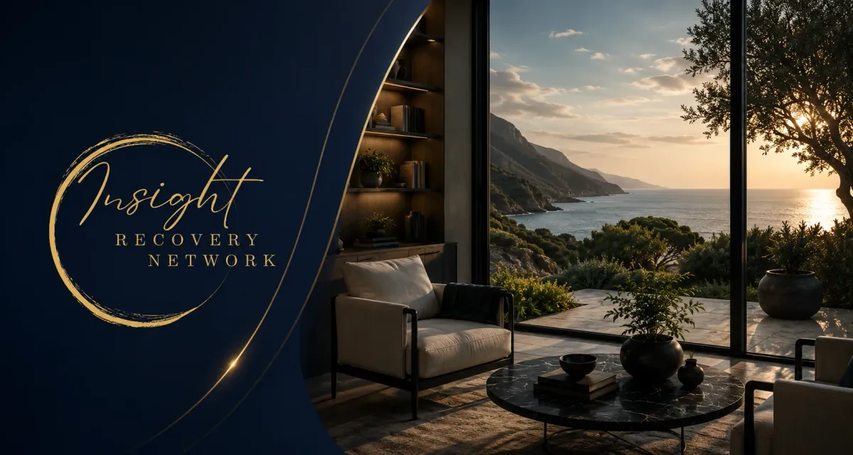 Insight Recovery Network brand mark beside a calm private room overlooking a sunlit coastline