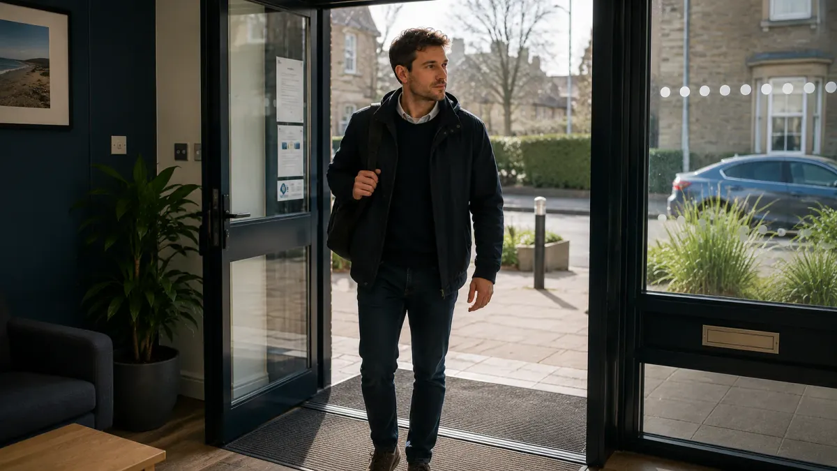 Adult arriving at a calm treatment setting with a backpack.