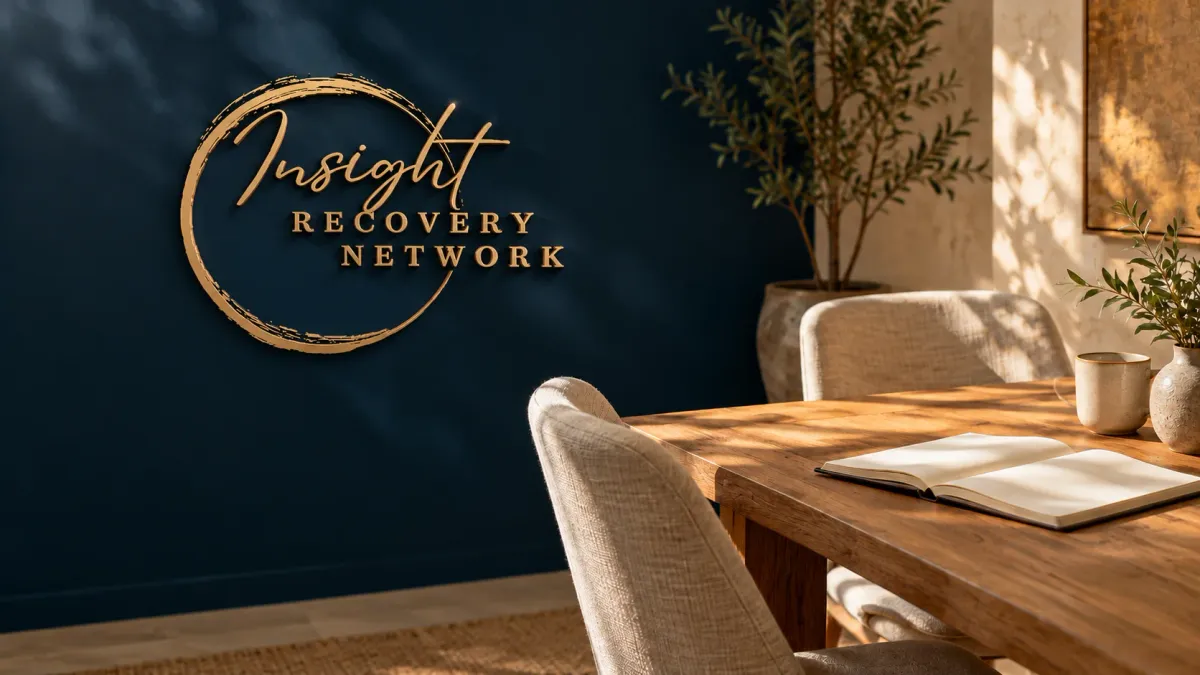 Illustrative consultation room with the Insight Recovery Network logo in raised gold on a dark wall.