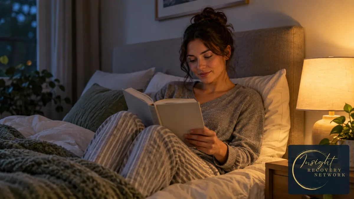 An adult reading in bed beside a warm bedside lamp in a quiet evening bedroom. Illustrative image, not an IRN client.