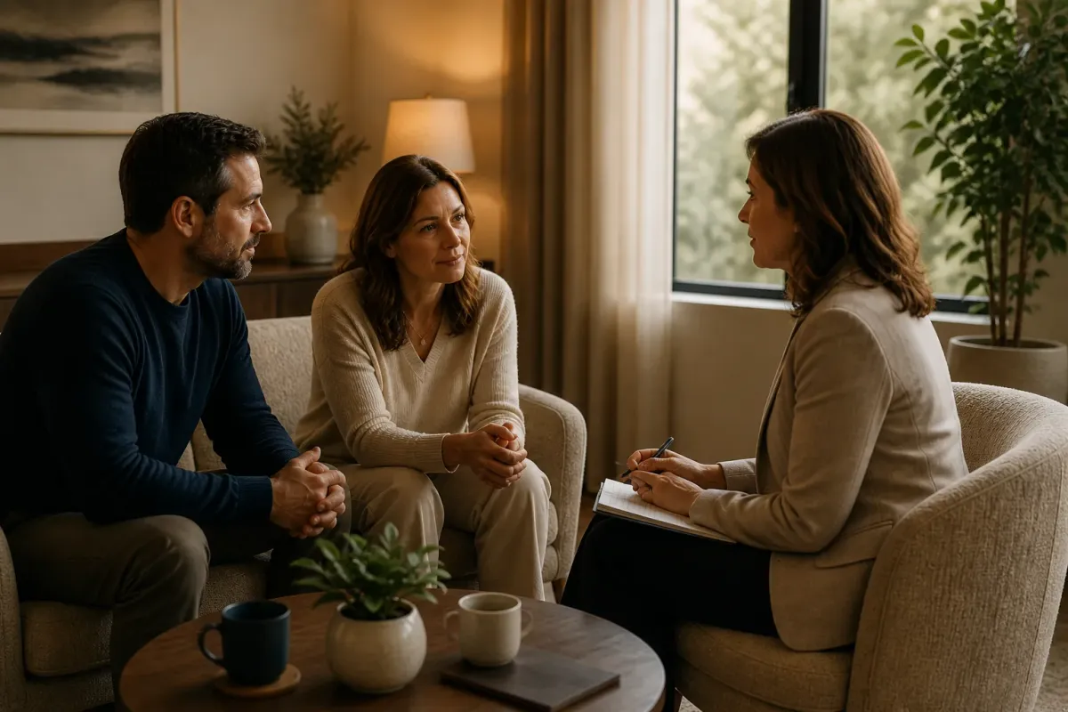 Two adults talking with a support professional in a comfortable room
