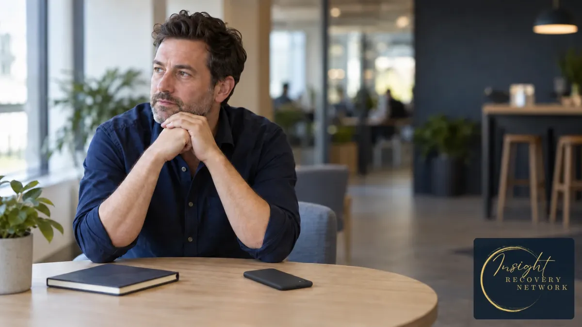 Adult taking a private pause in an office breakout area, with an inactive phone face down beside a closed notebook. Illustrative image, not an IRN client.