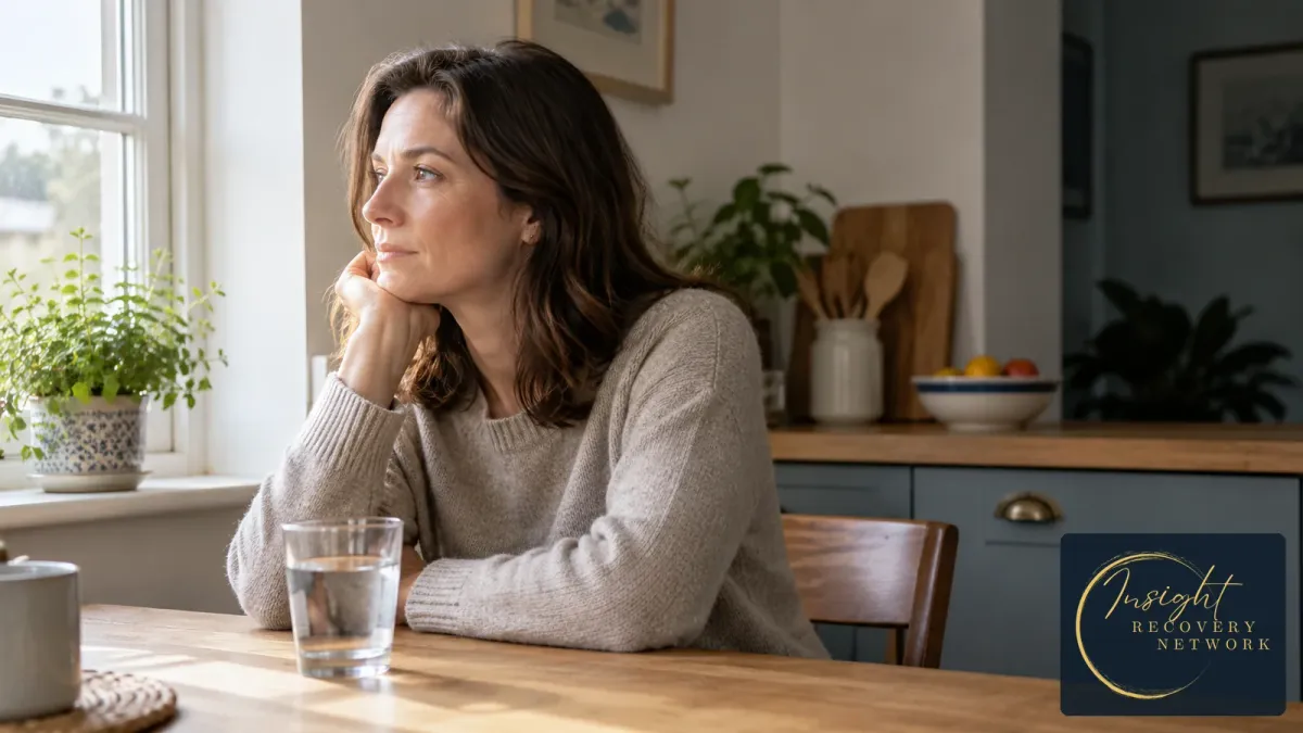 Adult reflecting beside a kitchen window in morning light, with a glass of water on the table. Illustrative image, not an IRN client.