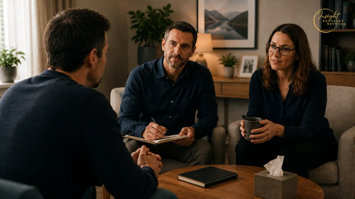 Adult discussing mental health and addiction with two coordinated support practitioners.