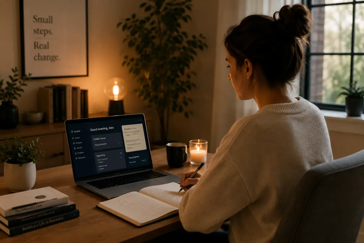 Person working through online recovery programme at home