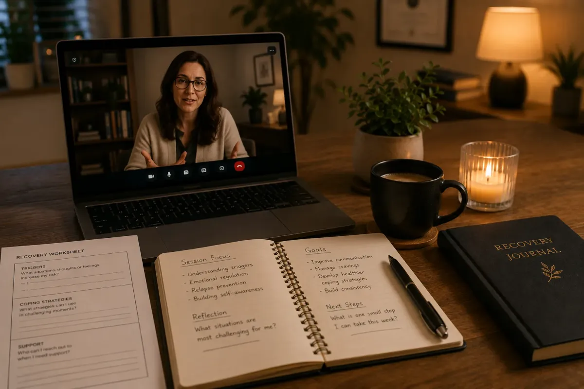 One-to-one online therapy session with recovery worksheets