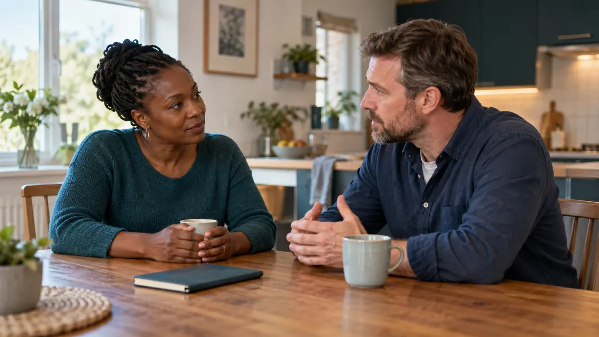 Illustrative image of two adults having a calm, supportive conversation at a kitchen table.