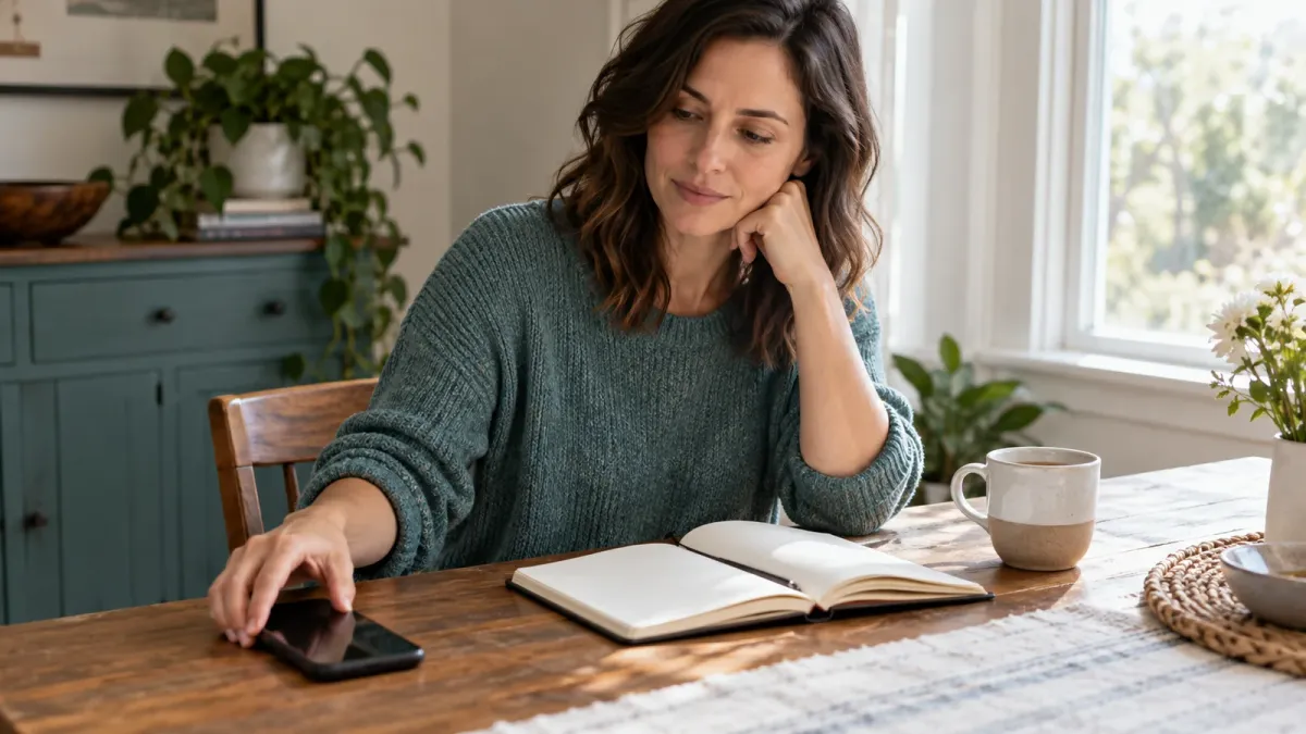 Illustrative image of a woman reflecting beside a notebook and phone at a table.