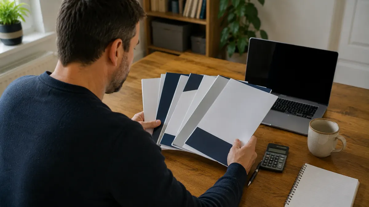 Adult comparing unbranded rehabilitation information beside a calculator and laptop.
