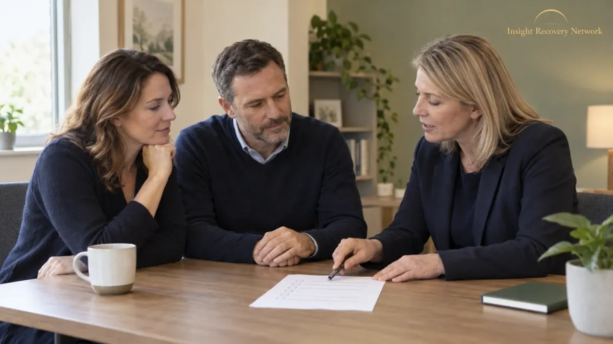 Two relatives reviewing a simple checklist with an adviser at a consultation table. Illustrative image.