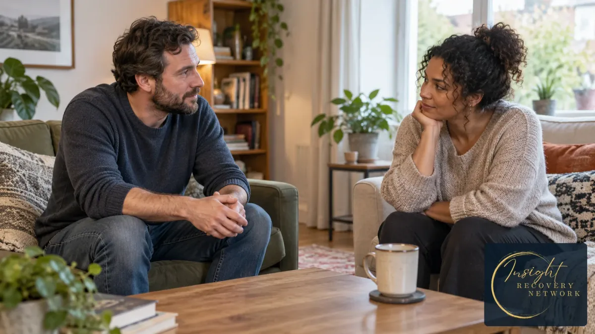 Two adults having a calm, supportive conversation in a comfortable living room. Illustrative image, not IRN clients.