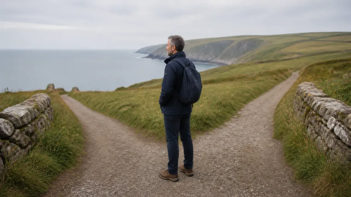 A person considering two paths along the coast