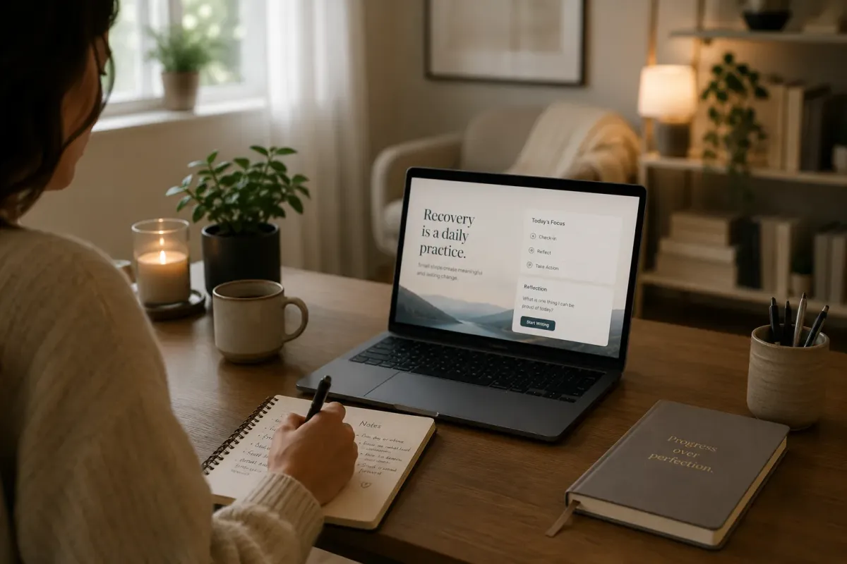 Illustration of recovery planning with a laptop and notebook at home